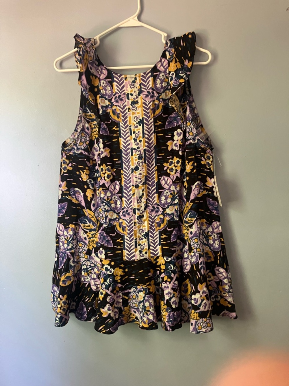Free People Floral Ruffle Hem Sleeveless Tunic in Black, Purple & Yellow